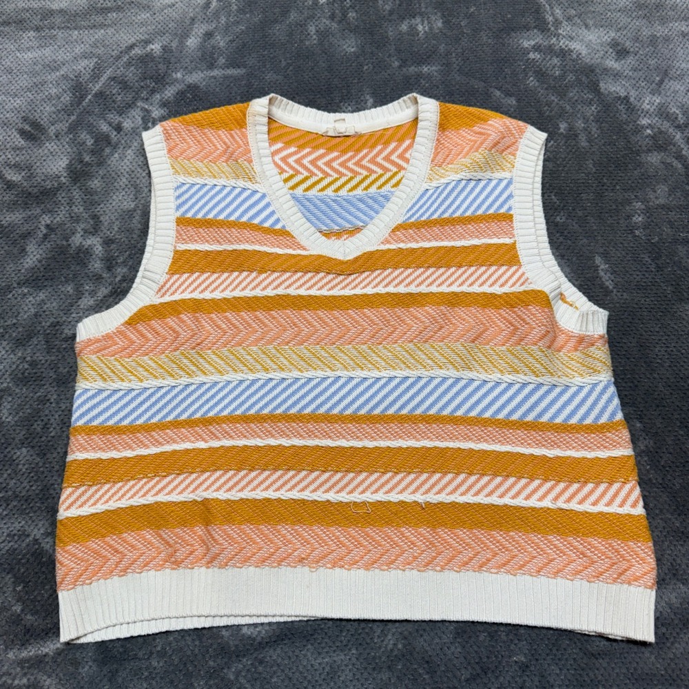 Illa Illa Striped Knit Sweater Vest‎ Orange Blue Chevron V-Neck Womens Size M/L